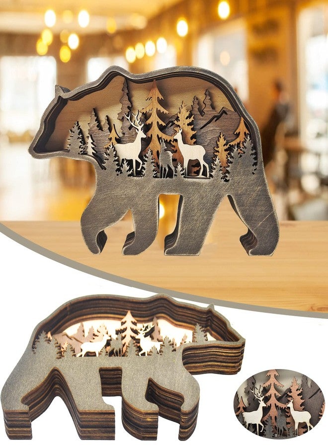Miyolo Wooden Bear Art Decor Brown Bear Figurine Rustic Home Shelf Desktop Creative Decorations Multi-Layer Silhouette Crafts - Image 2
